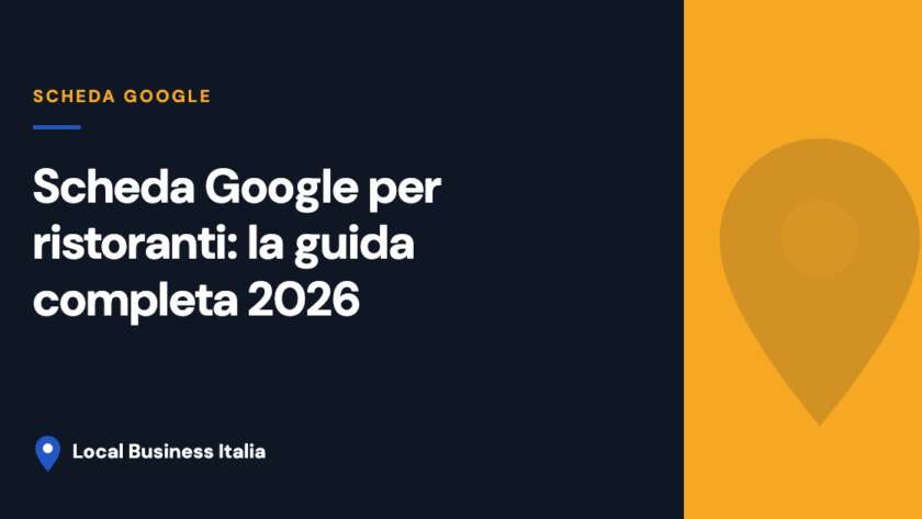 Copertina dell articolo sulla scheda Google per ristorante, titolo in bianco su sfondo blu notte con pannello oro