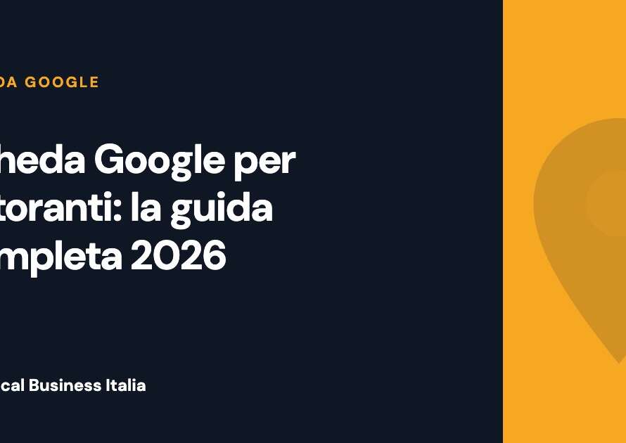Copertina dell articolo sulla scheda Google per ristorante, titolo in bianco su sfondo blu notte con pannello oro